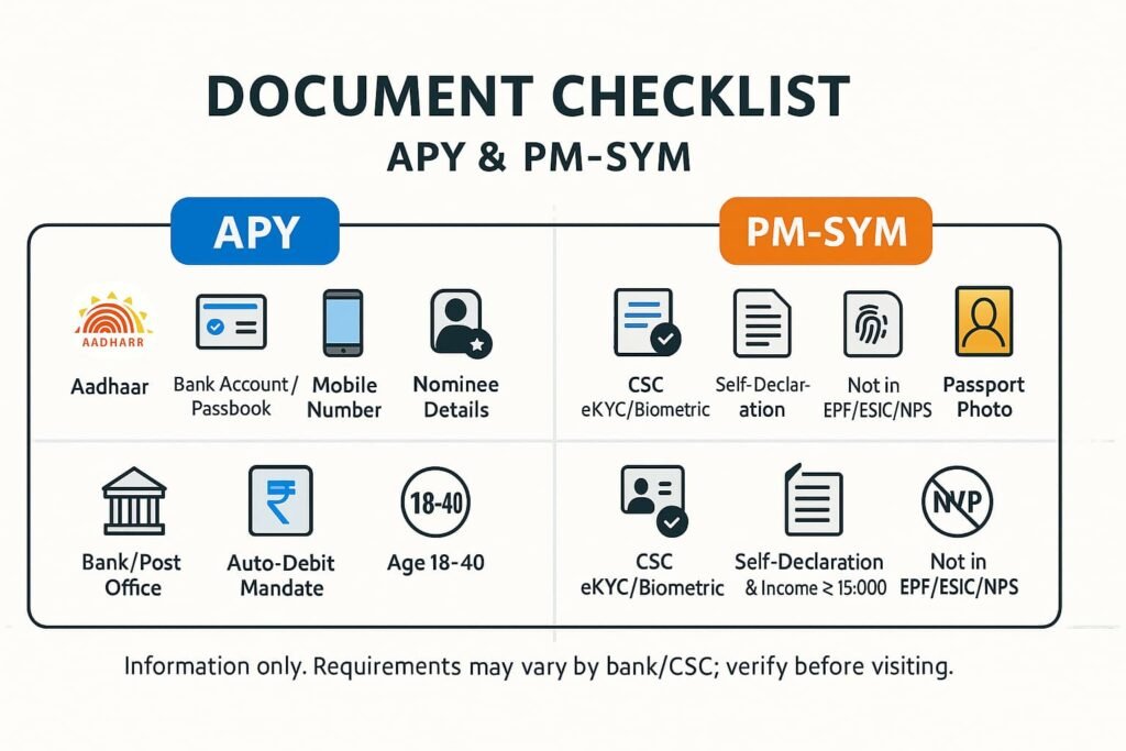 Document Checklist Visual — landscape, two-column banner for APY & PM-SYM enrollment