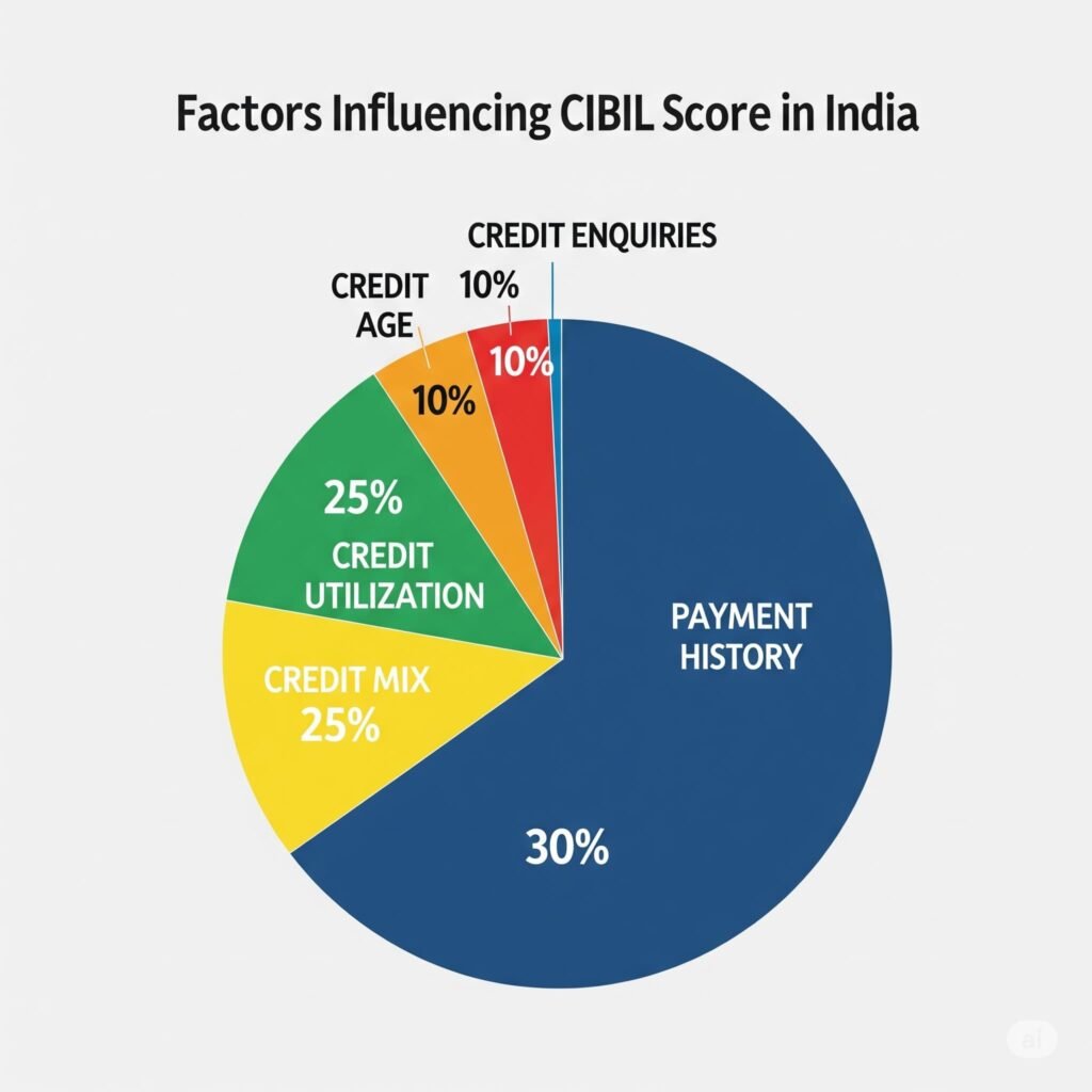 A pie chart illustrating the factors influencing a CIBIL score in India, with "Payment History" at 30%, "Credit Utilization" and "Credit Mix" at 25% each, and "Credit Enquiries" and "Credit Age" at 10% each