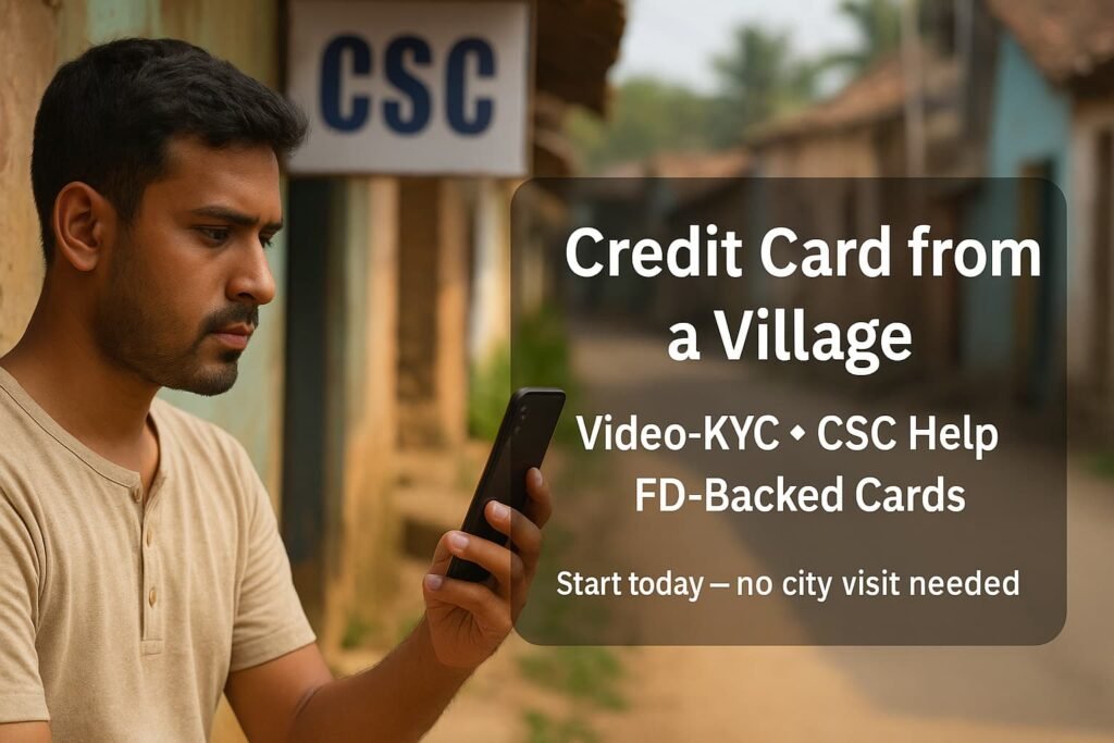 Young villager in India completing Video-KYC on a smartphone near a CSC kiosk—illustrating how to get a credit card from a village (FD-backed/CSC support)