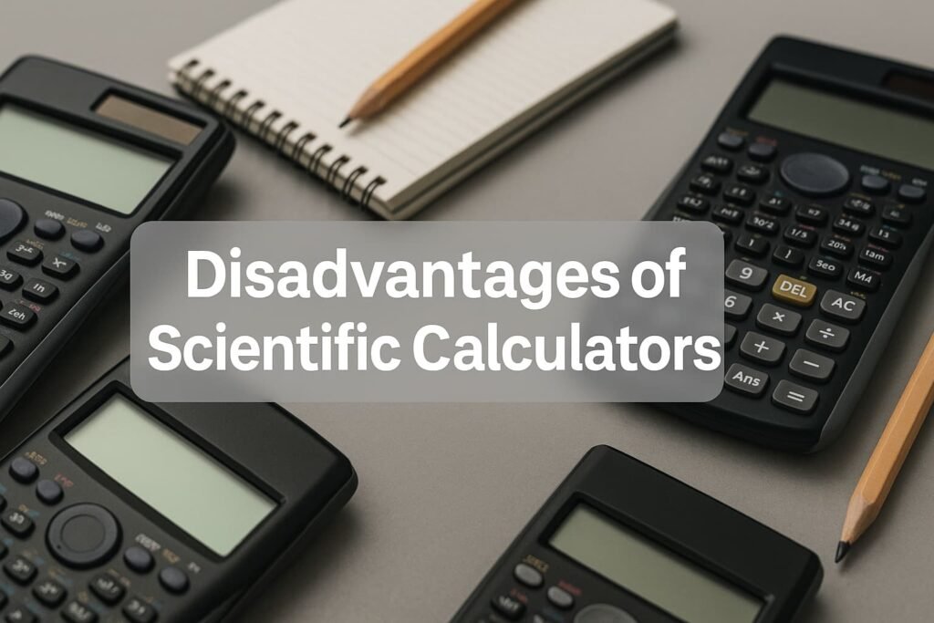 Realistic scientific calculators on a desk with centered title "Disadvantages of Scientific Calculators"
