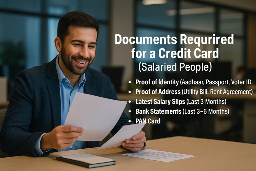 documents-required-credit-card-salaried Smiling man in an office holding documents, with overlay text listing documents required for a credit card for salaried people, including ID proof, address proof, salary slips, bank statements, and PAN card