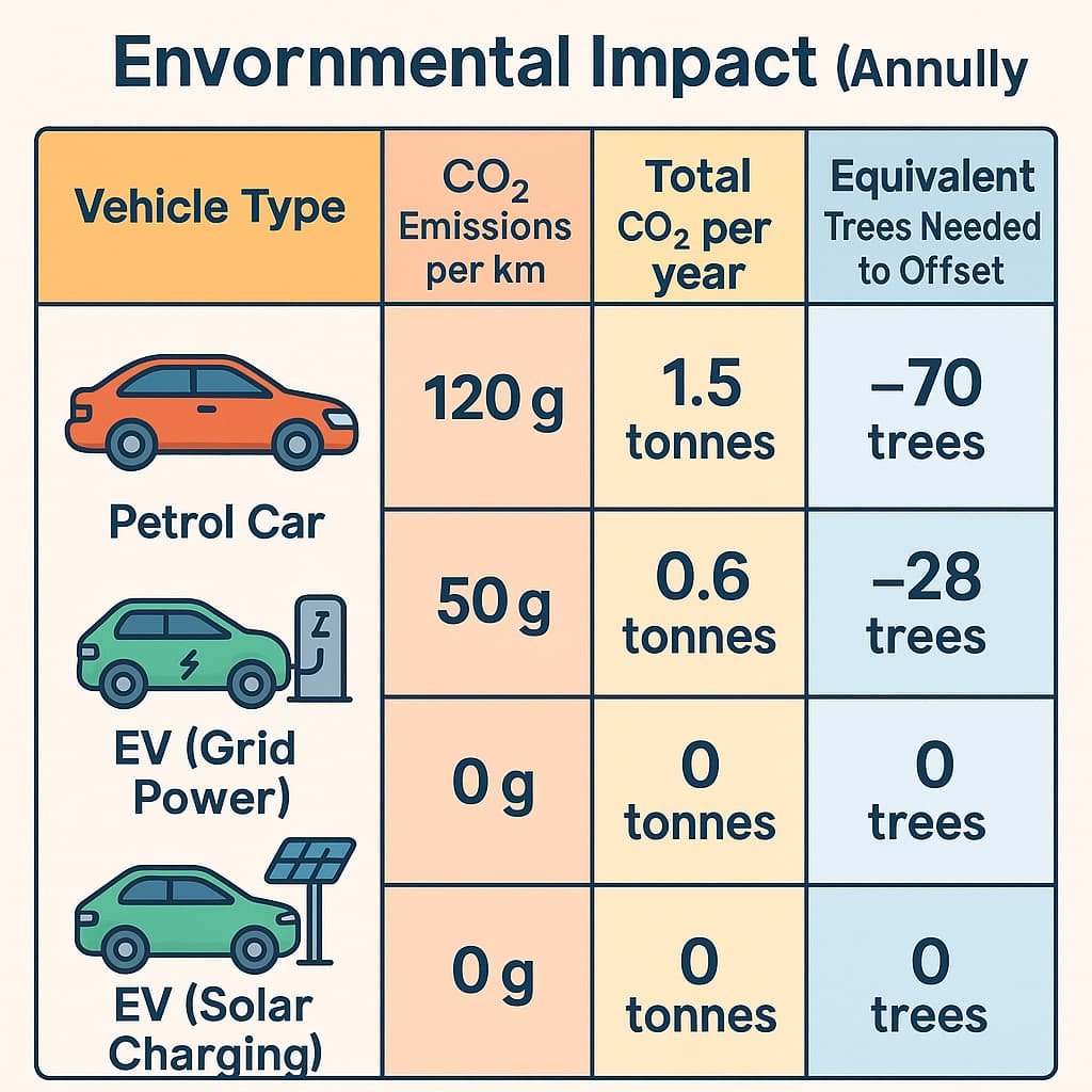 environmental-impact-ev-vs-petrol-12500km Environmental impact comparison table for petrol cars, EVs on grid power, and EVs on solar charging over 12,500 km annually, showing CO₂ emissions per km, total CO₂ per year, and equivalent trees needed to offset.