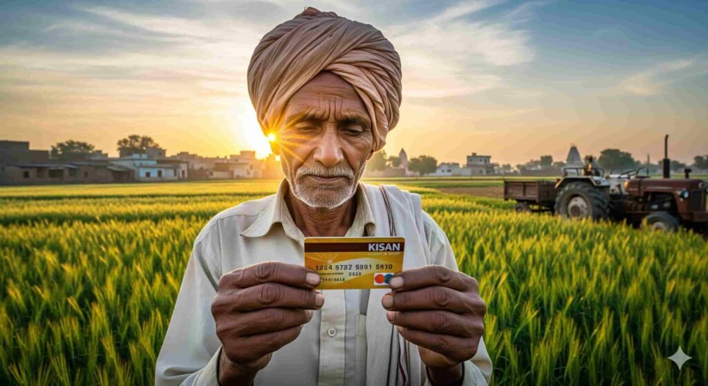 An elderly Indian farmer, with a traditional turban, holds a Kisan Credit Card in a vibrant green wheat field at sunrise