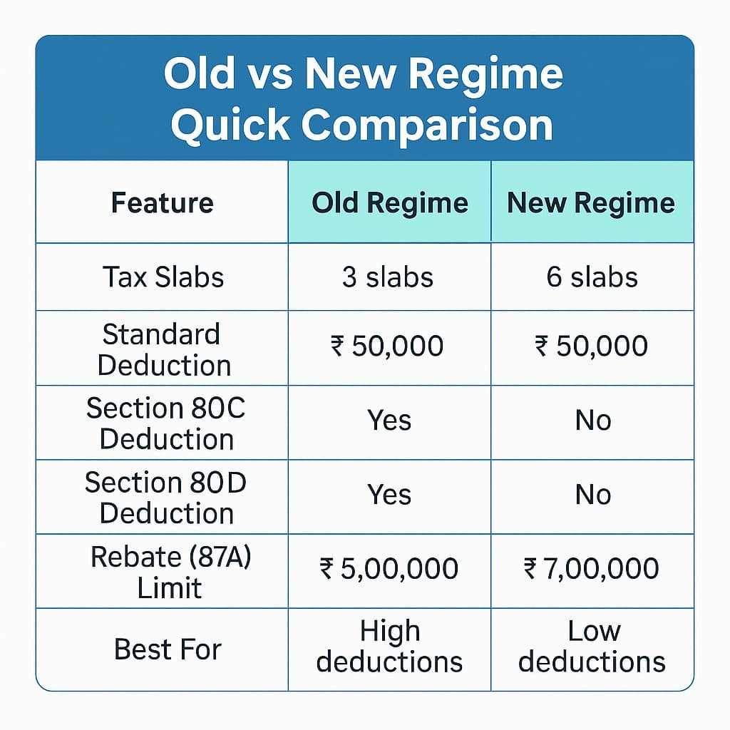 "Table comparing Old vs New Income Tax Regime in India for FY 2024–25, showing differences in tax slabs, deductions, rebate limits, and suitability for taxpayers."
