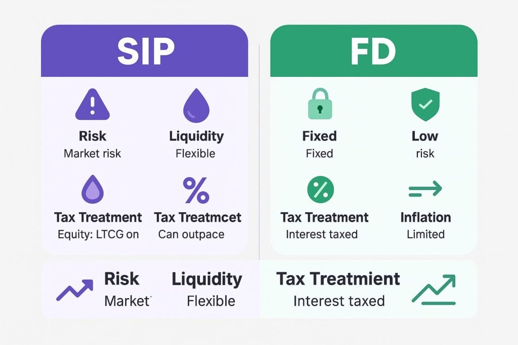 sip-vs-fd-inflation-adjusted-post-tax-returns Infographic comparing SIP and FD returns after tax and inflation adjustment with charts and icons