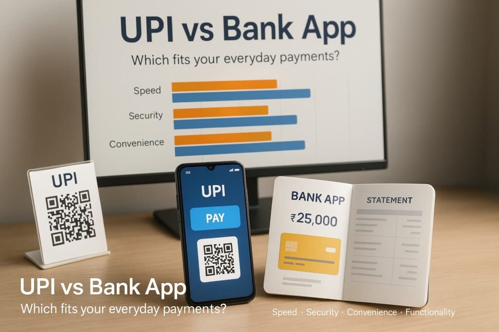 UPI vs bank app comparison—landscape bar chart (illustration) showing speed, convenience, security and functionality; headline: “UPI vs Bank App: Which fits your needs?